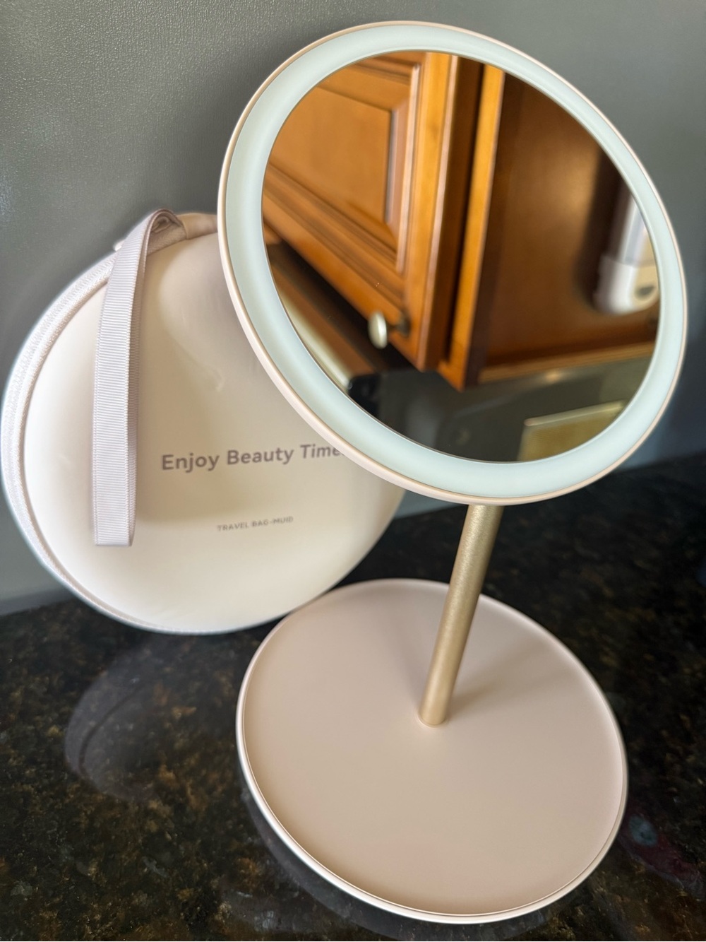 Beauty Time Travel Vanity Mirror Compacts  with Gold Stand Blush Pink